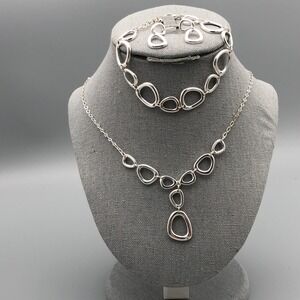 VTG Avon SAQ 1980 Jewelry Set Parure Silver Tone Metal Open Organic Link Y Chain